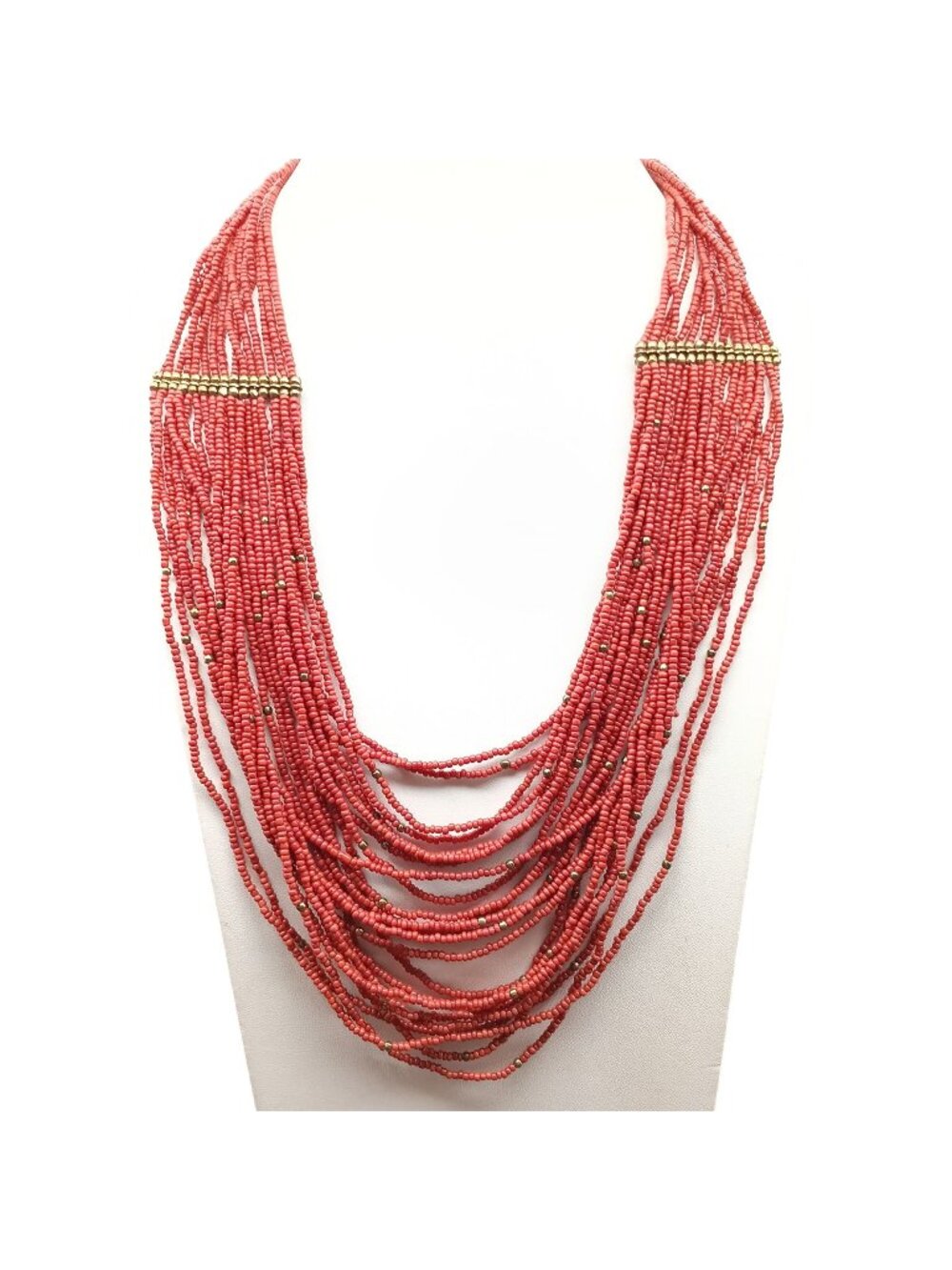 Multi-Strand Red Seed Beaded Vintage Necklace with Gold Tone Accents Boho Chic